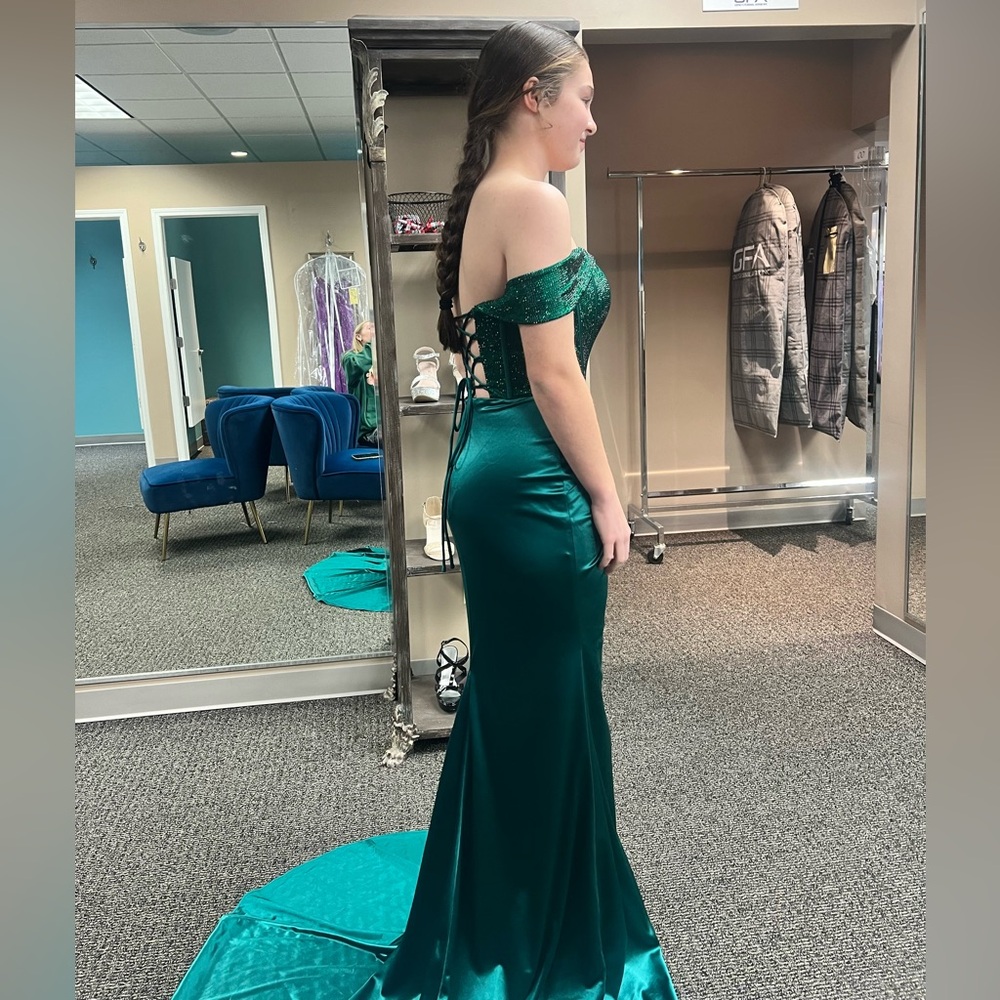 Portia and Scarlet Off-Shoulder Emerald Green Satin Evening Dress